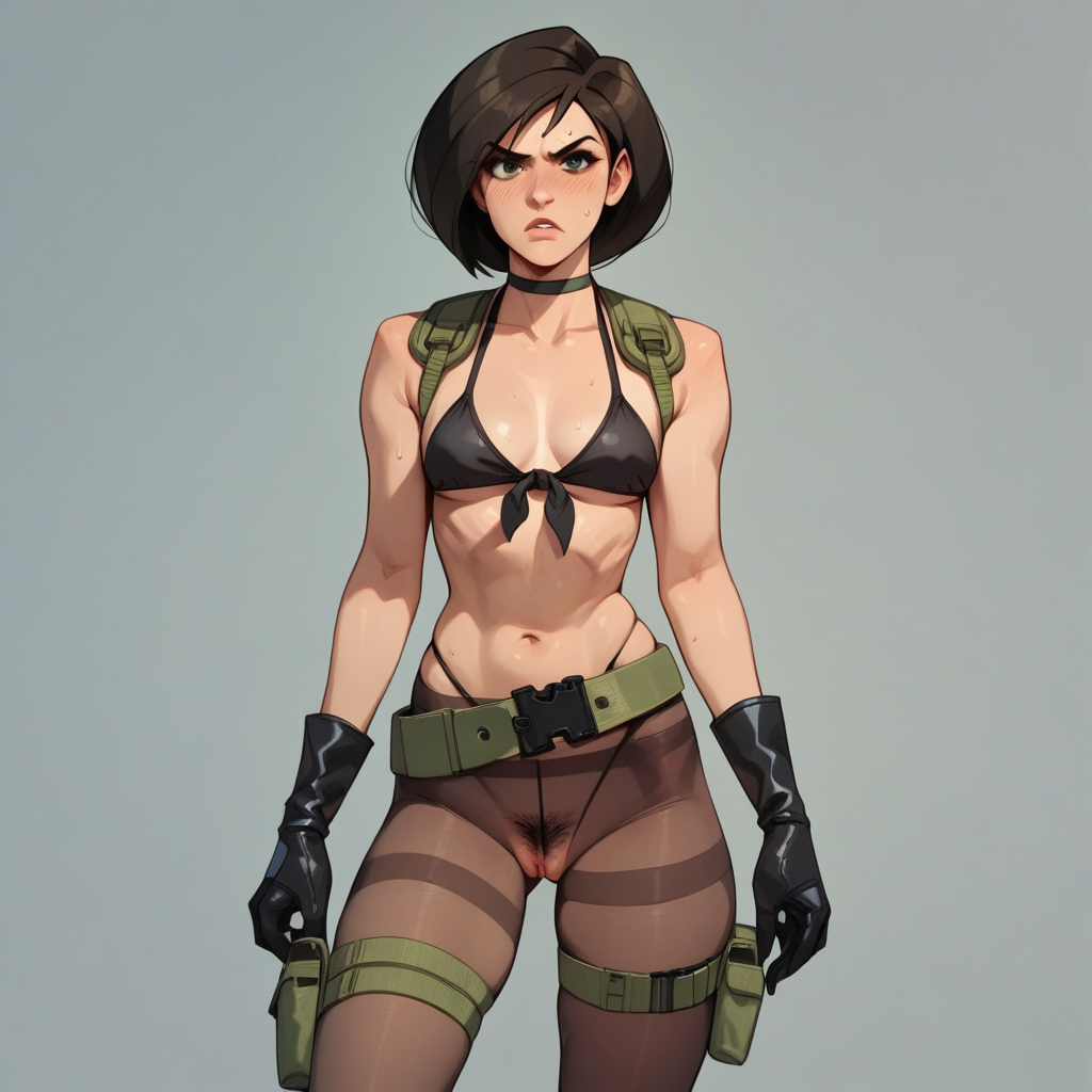 ource_anime, score_9,score_8_up, score_7_up,score_6_up, anime style,  BREAK, (Kim Possible), quietcosplayXL, bikini, black choker, front-tie_bikini_top, gloves, (lowleg_pantyhose), uncensored pussy, fishnet_panties, pantyhose, see-through, black bikini, thigh_strap, green_belt, boots, quiet_(metal_gear)_(cosplay), cosplay, female pubic hair. pubic hair peek,