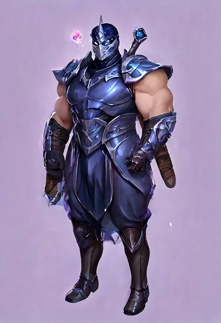 score_9, score_8_up, score_7_up, score_6_up, score_5_up, score_4_up, source_anime, Shen, solo, looking at viewer, blue eyes, simple background, gloves, 1boy, holding, full body, weapon, male focus, horns, black gloves, sword, holding weapon, armor, bodysuit, mask, glowing, holding sword, helmet, shoulder armor, gauntlets, glowing eyes, single horn, purple background, breastplate, black bodysuit, white eyes, knight, full armor, black armor, tokusatsu, broad shoulders, muscular, huge pecs, huge traps, big bulge, huge thighs, <3