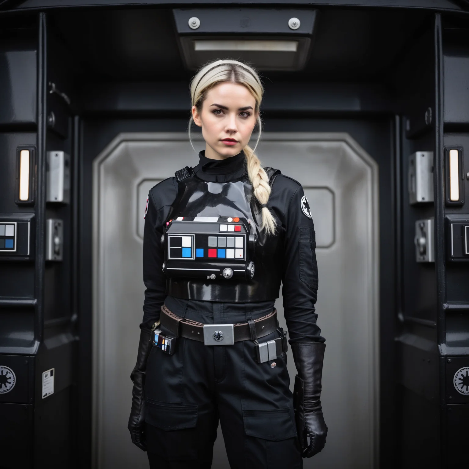 a cinematic film portrait still of a young and attractive female pale instagram model wearing Tie Pilot uniform, with platinum hair tied in a bun and wearing an officer cap, sitting on her sci-fi bunk bed, in a sci-fi ship, full body shot <lora:Imperial_Tie_Pilots:0.75>. shallow depth of field, vignette, highly detailed, high budget Hollywood movie by baz luhrmann, bokeh, cinemascope, moody, epic, gorgeous, film grain, grainy