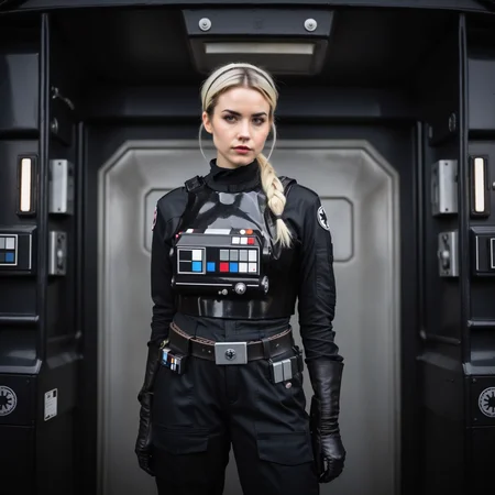 a cinematic film portrait still of a young and attractive female pale instagram model wearing Tie Pilot uniform, with platinum hair tied in a bun and wearing an officer cap, sitting on her sci-fi bunk bed, in a sci-fi ship, full body shot <lora:Imperial_Tie_Pilots:0.75>. shallow depth of field, vignette, highly detailed, high budget Hollywood movie by baz luhrmann, bokeh, cinemascope, moody, epic, gorgeous, film grain, grainy