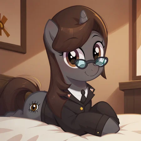 masterpiece, perfect detail, best high quality, source_pony, show accurate, cute, 1girl, solo, female, oc:sonata, glasses, attorney suit, badge on collar, pony, full body, butt, tail, laying on stomach, laying on bed, bed, bedroom, smile, closed mouth, beautiful, looking at viewer, score_9, score_8_up, score_7_up, score_6_up, score_5_up, score_4_up