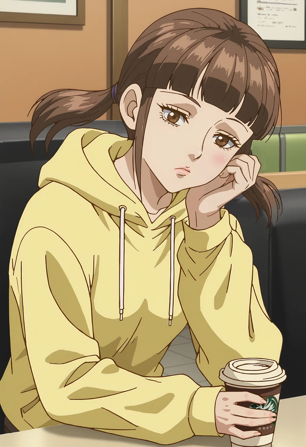 <lora:PonyScores7:1> anime coloring, source_anime, rating_explicit, uncensored BREAK
masterpiece, best quality, very aesthetic, absurdres, anime screencap BREAK
<lora:Trillion_Game_-_Futaba_epoch_10:1> trillionfutaba, brown hair, blunt bangs, short twintails, brown eyes BREAK
yellow hoodie, long sleeves BREAK
cafe, evening BREAK
1girl, solo, bored, sitting, disposable coffee cup, head tilt, looking at viewer, dutch angle, nail polish