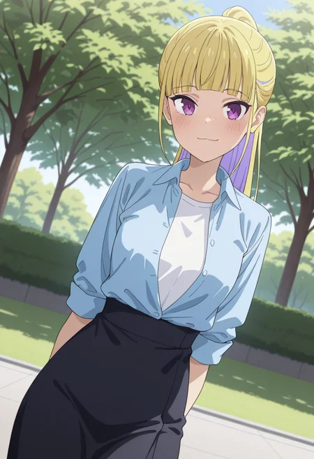 masterpiece,best quality,absurdres,perfect lighting,outdoors,tree,day,
*//*,<lora:HealerGirl_ReimiItsushiro-Illustrious:1>,reimi_itsushiro,1girl,solo,blonde hair,long hair,ponytail,colored inner hair,purple eyes,blunt bangs,darkblue clothes,blue shirt,white undershirt,collared shirt,sleeves rolled up,open shirt,high-waist skirt,black skirt,
*//*,looking at viewer,cowboy shot,dutch angle,dynamic pose,light smile,