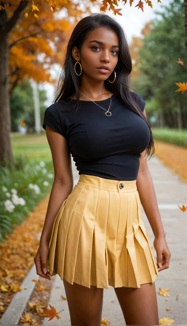 Stable_Yogis_PDXL_Positives
 sensitive, 1girl, solo, long hair, breasts, looking at viewer, shirt, large breasts, skirt, black hair, jewelry, brown eyes, standing, outdoors, earrings, pleated skirt, parted lips, dark skin, blurry, dark-skinned female, tree, lips, blurry background, shirt tucked in, nose, yellow skirt, autumn