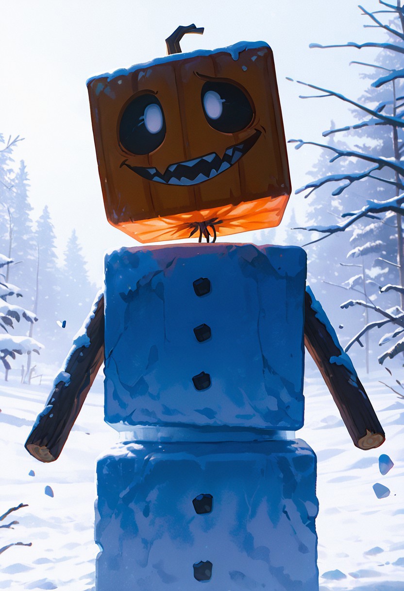 masterpiece, best quality, amazing quality, very aesthetic, absurdres, newest, detailed background, foreground blur, volumetric lighting, sharp, 4k, hd, 
snowglm, no humans, white body, pumpkin head, solo, standing, cube head, cube body, stick hands, brown arms, sharp mouth, big mouth,
 snow, Antarctica, upper body, cowboy shot, evil smile, angry eyes, square eyes, empty eyes, no pupils, black sclera, bright snow, winds,