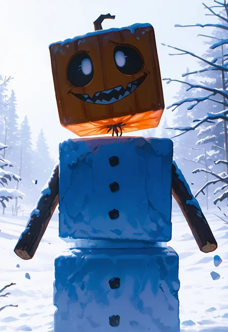 masterpiece, best quality, amazing quality, very aesthetic, absurdres, newest, detailed background, foreground blur, volumetric lighting, sharp, 4k, hd, 
snowglm, no humans, white body, pumpkin head, solo, standing, cube head, cube body, stick hands, brown arms, sharp mouth, big mouth,
 snow, Antarctica, upper body, cowboy shot, evil smile, angry eyes, square eyes, empty eyes, no pupils, black sclera, bright snow, winds,
