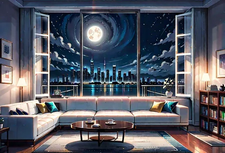 ((front view)), Shallow scene, ((animation style)), modern-style interior, with white walls, (large windows), a  study, Sofa, coffee table, bookcase, single wall, (gloomy room), Turn off the indoor lights , quiet and mysterious night sky, starry sky, moonlight, city night view, (City high-rise building scenery), (City scenery outside the window)