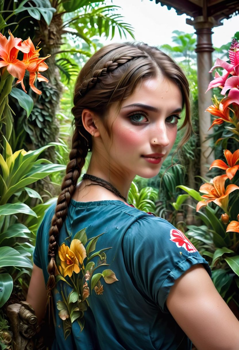 luc14nn4 takes a selfie at a botannical garden in singapore. Wearing her hair in a side-braid, wearing a tourist singapore shirt. Surrounded by flowers and exotic plants