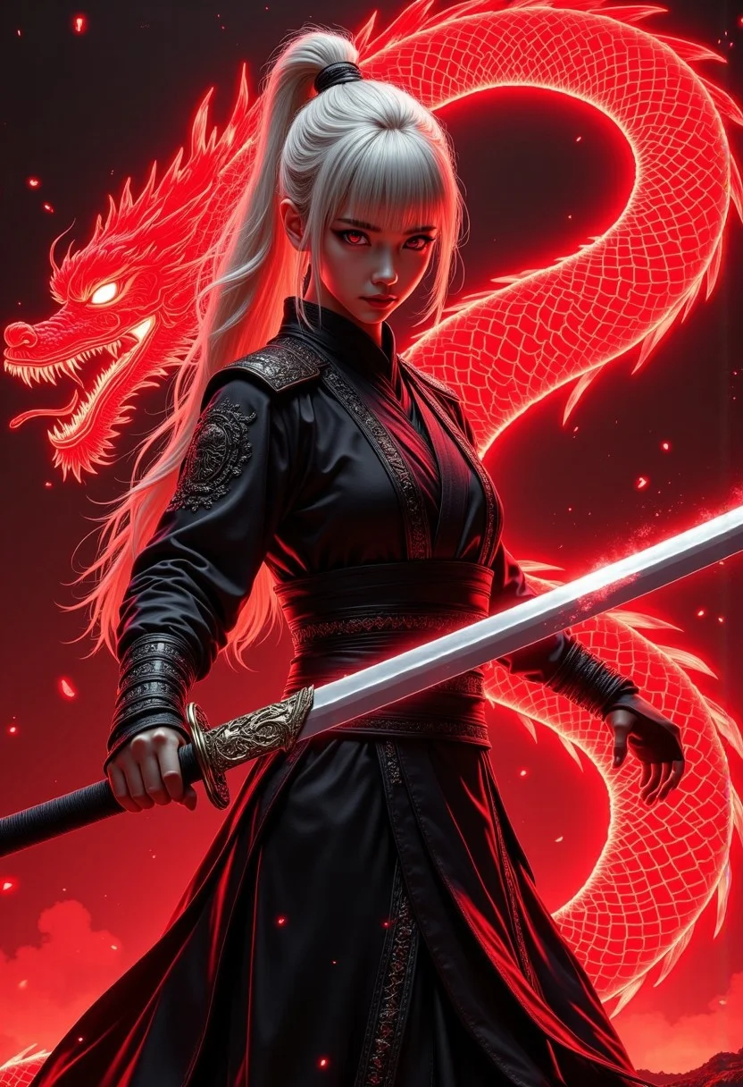 This is a highly detailed, digital illustration in a realistic fantasy style,
The image shows Lea a girl with fair, porcelain-like skin, long wavy platinum blonde hair styled in a high ponytail with bangs framing her face. She has a petite and slender figure, with small breast. Her nose is small and her eyes are red. She wears black training attire, in a traditional Chinese or Japanese style, made of a traditional fabric. She holds a samurai sword with a dragon engraving on it in her hand. The engraving is glowing red. As she swings it the sword partialy transforms into a chinese dragon made of pulsating red energy. She stands in a battlepose as she swings the sword down on her enemies.
masterpiece, 32k, realistic,