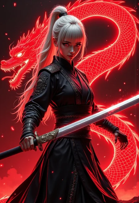 This is a highly detailed, digital illustration in a realistic fantasy style,
The image shows Lea a girl with fair, porcelain-like skin, long wavy platinum blonde hair styled in a high ponytail with bangs framing her face. She has a petite and slender figure, with small breast. Her nose is small and her eyes are red. She wears black training attire, in a traditional Chinese or Japanese style, made of a traditional fabric. She holds a samurai sword with a dragon engraving on it in her hand. The engraving is glowing red. As she swings it the sword partialy transforms into a chinese dragon made of pulsating red energy. She stands in a battlepose as she swings the sword down on her enemies.
masterpiece, 32k,  realistic,