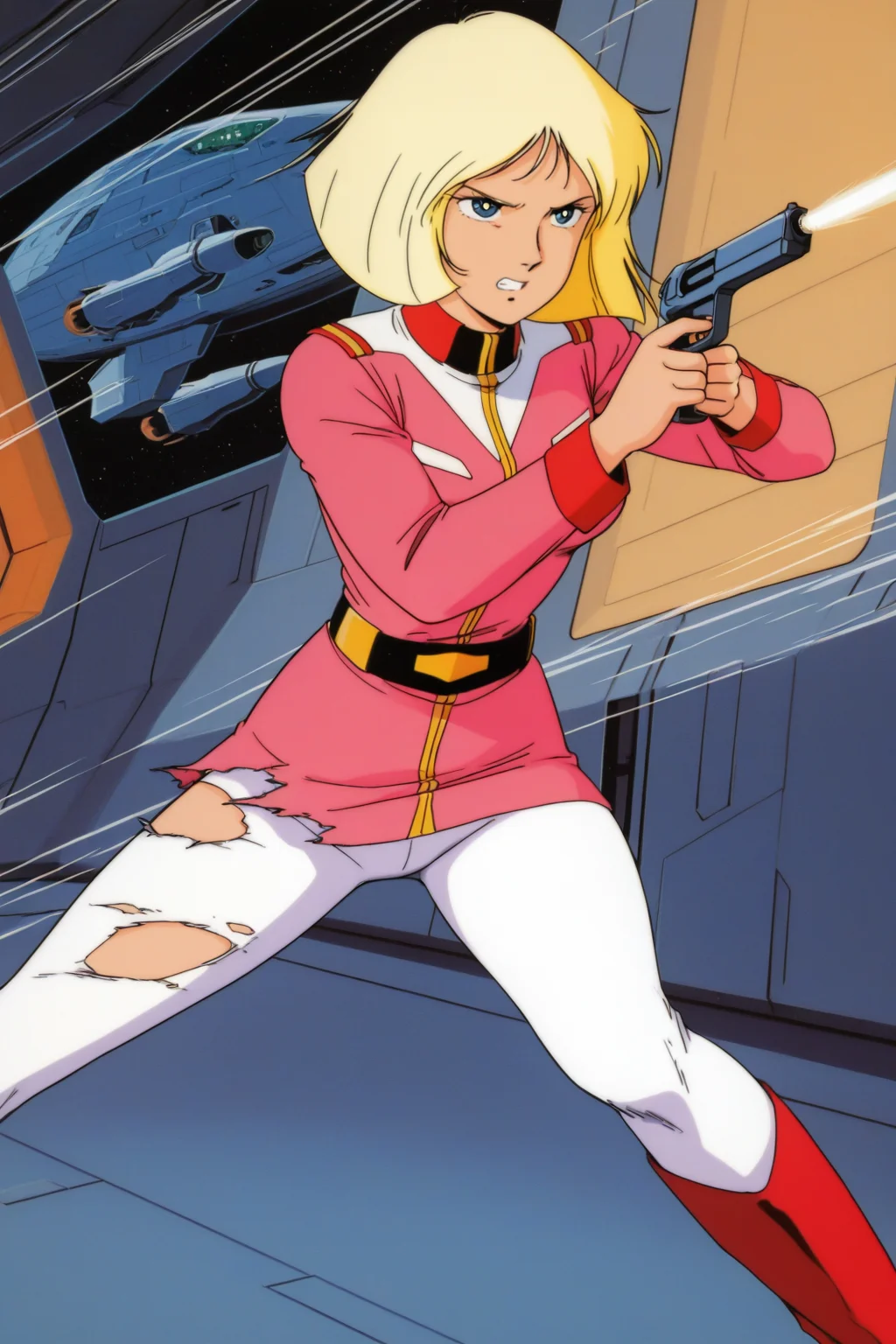masterpiece, best quality, amazing quality, absurdres, saylamass79, blonde hair, solo, serious, clenched teeth, fighting stance, hurt, wounded, aiming, holding gun, pink military uniform, white pants, torn clothes, red boots, large breasts, upper body, indoors, spacecraft, science fiction, action lines, speed lines, retro artstyle