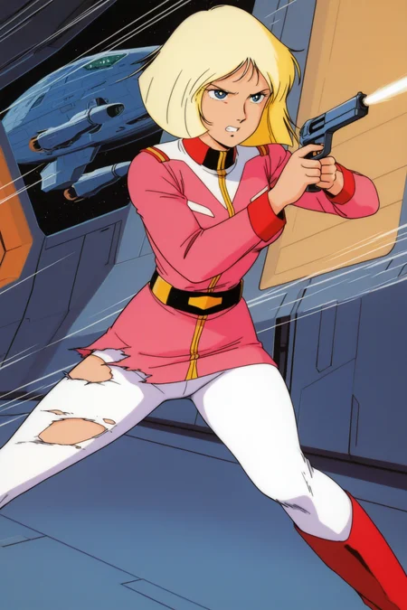 masterpiece, best quality, amazing quality, absurdres, saylamass79, blonde hair, solo, serious, clenched teeth, fighting stance, hurt, wounded, aiming, holding gun, pink military uniform, white pants, torn clothes, red boots, large breasts, upper body, indoors, spacecraft, science fiction, action lines, speed lines, retro artstyle