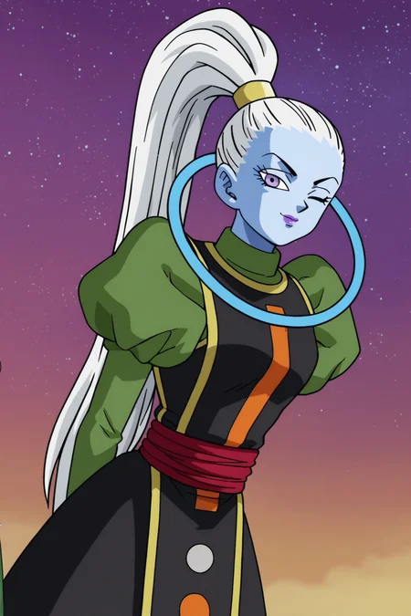 score_9, score_8_up, score_7_up, score_6_up, score_5_up, score_4_up, BREAK source_anime,anime screencap,official style, vados, 1girl, solo, light blue skin, white hair, purple eyes, high ponytail, purple lips,leaning forward, contrapposto,, star \(sky\), long hair, sky, closed mouth, cowboy shot, looking at viewer, juliet sleeves, green dress, halo, black tabard, starry sky, purple background, arms behind back, hair pulled back, yellow trim,smile,black high-waist skirt,red sash,(from side:0.7), one eye closed, <lora:VadosPony_v1:1>