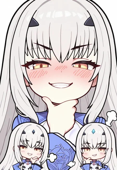 masterpiece, best quality, high resolution, absurdres, 1girl, Melusine/(Fate Grand Order), gray hair, yellow eyes, small_breasts, chibi, looking at viewer, smug, teasing, (doyagao:1.1), scoff, puff of air, hand on chin, teeth, centered, aroused, blush, upper body, transparent background, very smug smile, best quality, highres, absurdres, amazing quality, masterpiece, best finished,