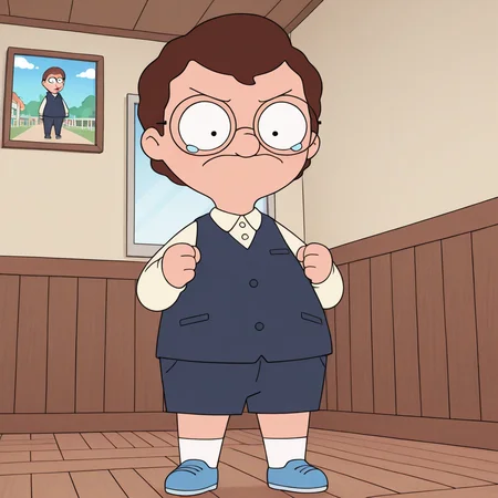 toon \(style\), (masterpiece, colorful, detailed background, absurdres, amazing quality), <lora:mrfrond-v5:0.75> bb-mfbb, 1boy, baby, toddler, glasses, indoors, solo, annoyed, tears, standing, clenched hands, school uniform, dynamic angle,