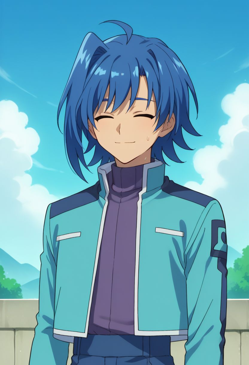 score_9, score_8_up, score_7_up, source_anime, highly detailed, 
aichi, 1boy, male focus, blue hair, solo, closed eyes, smile, ahoge, sweatdrop, turtleneck, purple sweater, blue jacket, long sleeves, blue pants, upper body,
outdoor, sky,