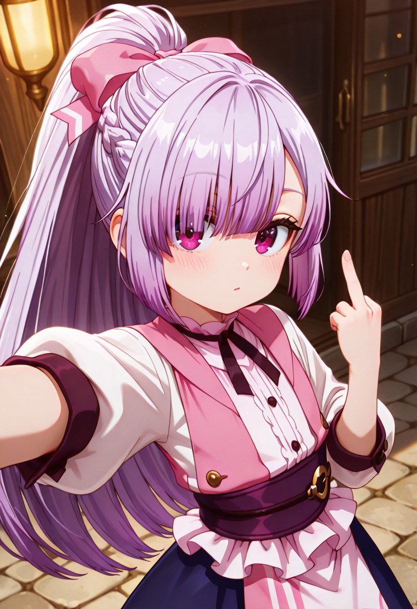 masterpiece, best quality, amazing quality, dynamic view,  solo, dynamic view,  solo, 1girl, masterpiece, best quality, bokeh, luminescent background, 
( atelier,
 long hair, purple hair, hair over one eye, braid, ponytail, bangs, pink hair bow, purple  eyes, tiny breasts,
 white shirt, short sleeves, puffy sleeves, blue skirt, long skirt, black neck ribbon, pink vest, purple sash, frills, two-tone apron, pink apron, white apron,
) 
outdoors, storefront, selfie, outstretched arm, taking picture, reaching towards viewer, upper body, looking at viewer, middle finger