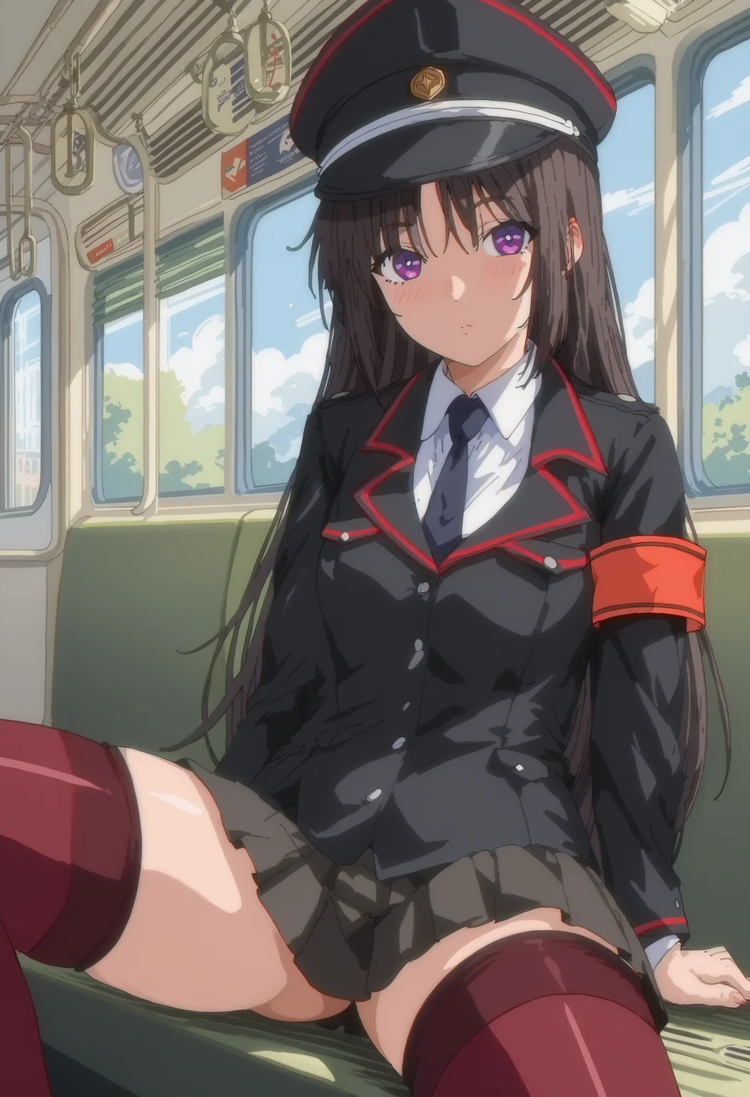 (score_9, score_8_up, score_7_up)
BREAK
rin_olis, 1girl, solo, black hair, long hair, purple eyes, peaked cap, black suit, armband, pleated skirt, red thighhighs, looking at viewer, blush, sitting, leg up
BREAK
train interior, window, scenery, day, blue sky
<lora:rin_SaishuuChikanDensha_sdxl_v1:1>
