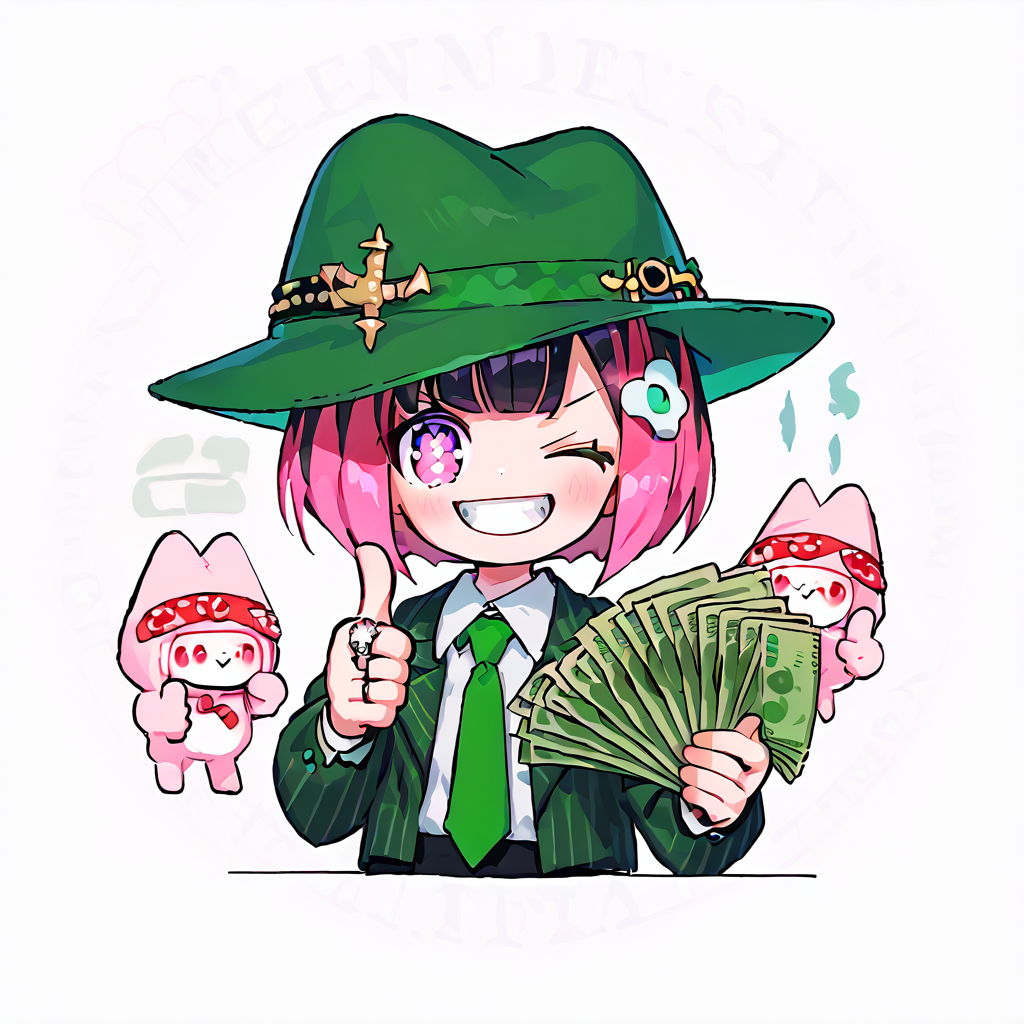 <lora:Berta_Delica:1> black hair, pink hair, multicolored hair, symbol-shaped pupils
 <lora:gangstersb-guy-PONYv1:0.8> gangstersb, thumbs up, one eye closed, grin, smile, money, holding money, portrait, cropped torso, ring, formal, hat, green headwear, necktie, suit, striped, looking at viewer