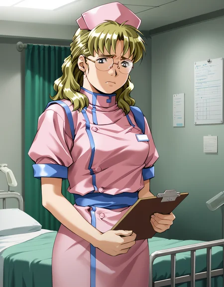 score_9, score_8_up, score_7_up, <lora:kisaku-v2-ponyxl-000010:0.85> akimoto, glasses, nurse, nurse cap, short sleeves
1girl, solo, hospital bed, furrowed brow, frown, holding clipboard, standing, cowboy shot