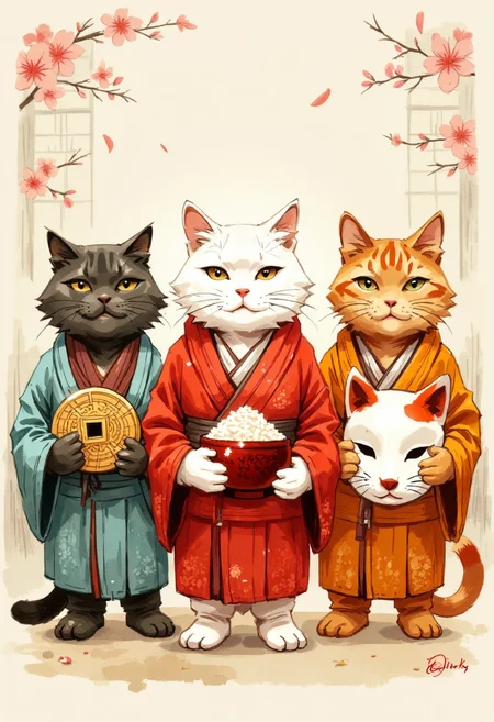 A captivating and unusual scene shows three adorable cats dressed in traditional Japanese kimonos, each holding symbolic items. To the left, a cute gray tabby cat stands proudly, holding a round golden coin with an intricate swirling pattern and a square hole at its center, symbolizing luck and prosperity. In the center, a dignified white cat grasps a small lacquered crimson rice bowl with pile of white rice in it adding a sleek, ceremonial look. To the right, an orange tabby cat holds a Japanese white round porcelain fox mask with red nose and whiskers painted on it with ink, evoking the mystique and folklore of Japanese culture. 
The background is a soft, minimalist scene, with subtle hints of traditional Japanese elements such as sliding paper doors or cherry blossom petals, adding to the serene and enchanting atmosphere of the artwork. The overall image evokes a blend of cultural beauty and adorable whimsy, creating a visually delightful and unique moment.