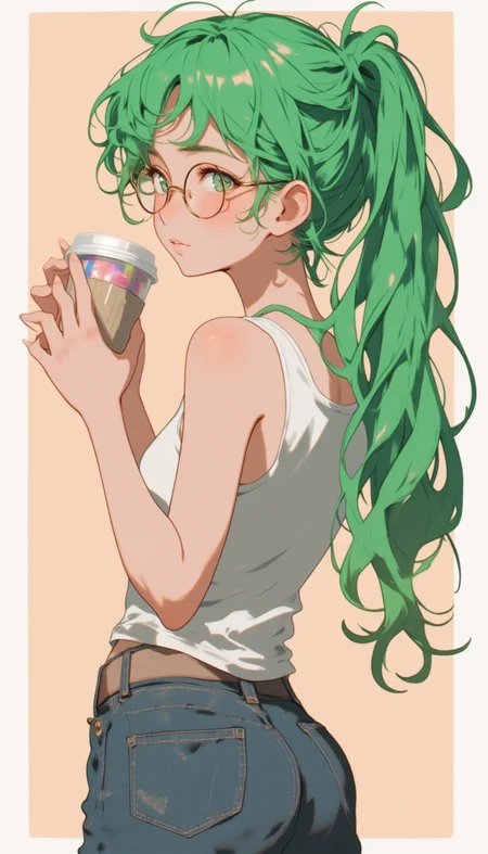 Young woman, back,wavy hair, cup, glasses, green hair, long hair, looking at viewer, mug, ponytail,solo, tank top, upper body,lyh_niji