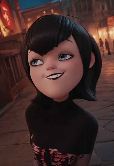 score_9, score_8_up, score_7_up, ultra quality, solo, 1girl, black hair, short hair, blue eyes, fangs, black lips, black nails, , black dress, grey elbow gloves, striped pantyhose, red sneakers, smug smile, butt focus, breasts, big hips, huge butt, bubble butt, curvy, narrow waist, standing, looking to the viewer, view from above, close up, screencap