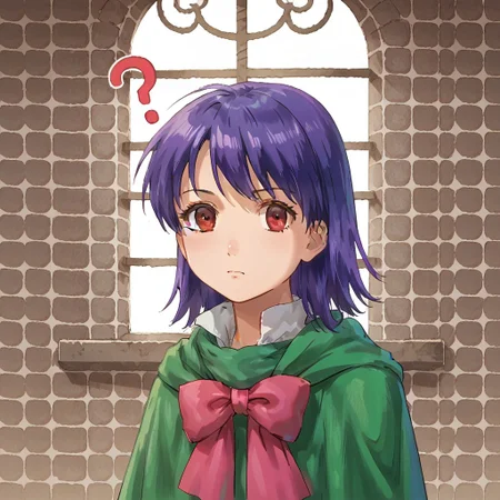 score_8, score_8_up, score_7_up, 1girl, solo, female focus, source_anime, anime screenshot, clagwimoth, confused, ?, portrait, 1girl, solo, female focus, carrie fernandez, castlevania 64, purple hair, short hair, red eyes, green capelet, pink bow, indoors, castle, night, stone wall, gothic architecture, dark