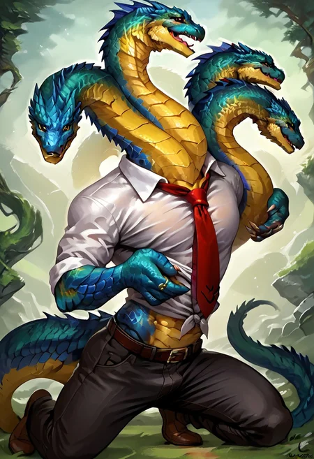 score_9, score_8_up, score_7_up, ((source_anime)), solo, 1boy, 1male, sexy boy, (((Hydra, multiple heads, long neck))), (((blue scales, yellow scales, green scales))), (((white shirt, red necktie, collared shirt))), black tights, black trousers, belt, human torso, black eyeshadow, eye contact, human hands, holding up both hands, headpats, ((arched back)), undressing, pants pull, spread legs, fingers, wedding ring, portrait, close up, full body portrait, looking at viewer
