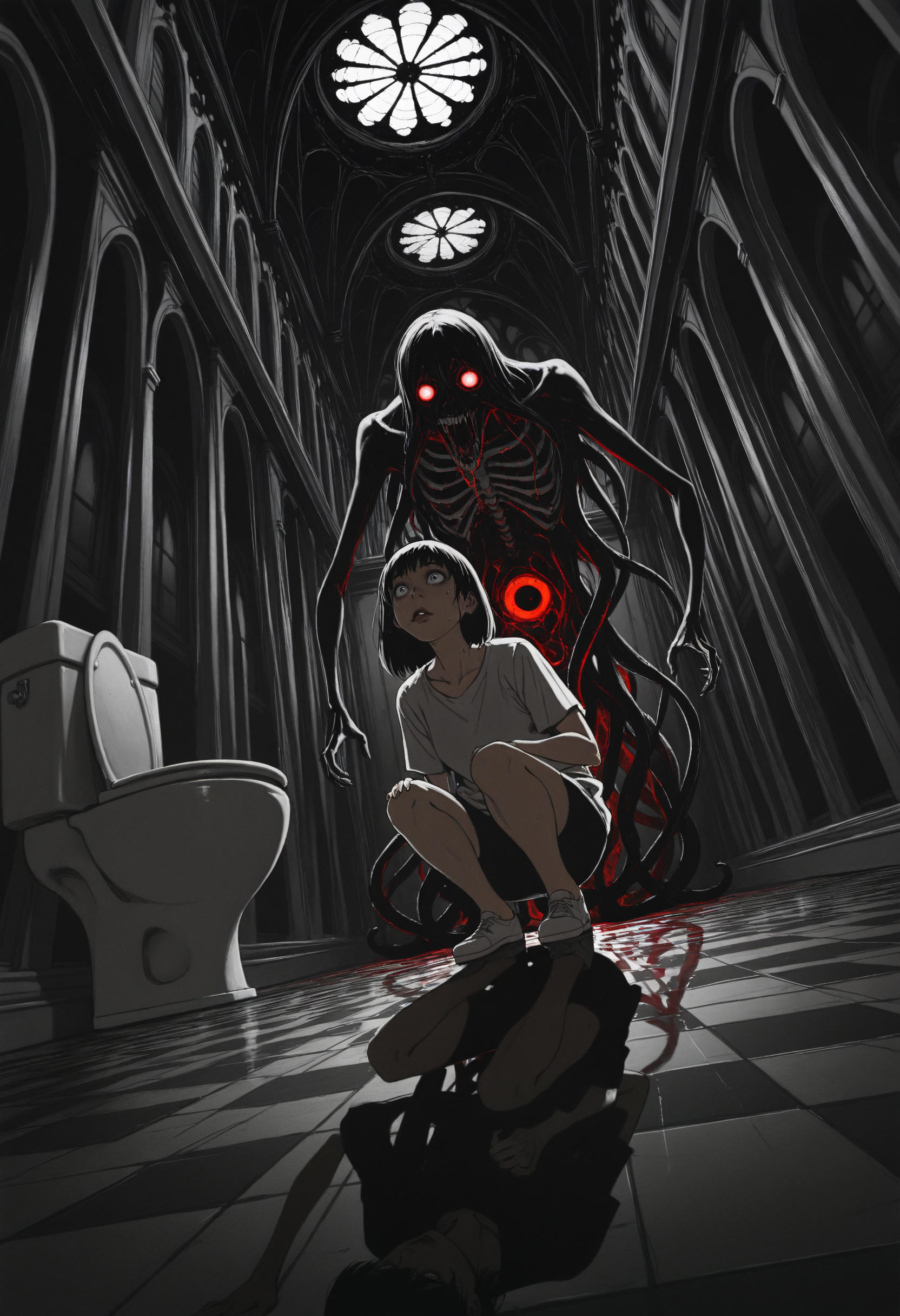(incredibly_absurdres, amazing_background, best quality, shadow, reflection, dflat_colors, anime_coloring, dynamic_angle, motion_blur, dutch_angle, surreal, flat_shading, limited_palette, line_art, high_contrast, traditional_media, dark_theme)
(dappermouth, comic, sketch, monochrome, sweat, saliva, 1girl, lips, (gothic_architecture, toilet, ornate floor, bathroom), eldritch_abomination, shirt, bone, solo, short sleeves, squatting, t-shirt, dark (cramped, liminal, spoopy), dark_theme, white_eyes spine tentacles wide-eyed glowing_eyes horror_(theme))