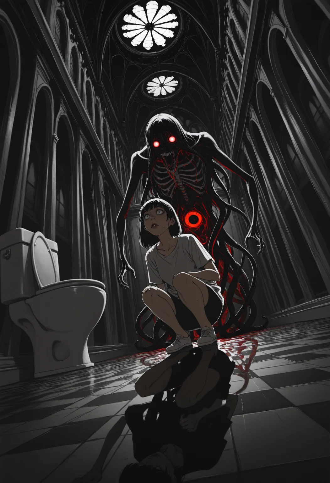 (incredibly_absurdres, amazing_background, best quality, shadow, reflection, dflat_colors, anime_coloring, dynamic_angle, motion_blur, dutch_angle, surreal, flat_shading, limited_palette, line_art, high_contrast, traditional_media, dark_theme)
(dappermouth, comic, sketch, monochrome, sweat, saliva, 1girl, lips, (gothic_architecture, toilet, ornate floor, bathroom), eldritch_abomination, shirt, bone, solo, short sleeves, squatting, t-shirt, dark (cramped, liminal, spoopy), dark_theme, white_eyes spine tentacles wide-eyed glowing_eyes horror_(theme))
