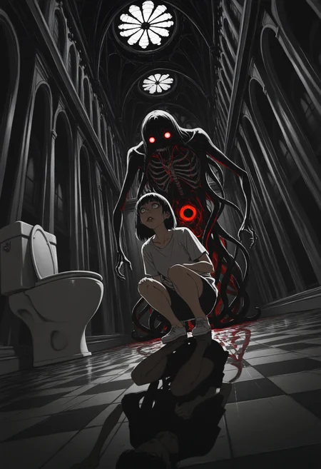 (incredibly_absurdres, amazing_background, best quality, shadow, reflection, dflat_colors, anime_coloring, dynamic_angle, motion_blur, dutch_angle, surreal, flat_shading, limited_palette, line_art, high_contrast, traditional_media, dark_theme)
(dappermouth, comic, sketch, monochrome, sweat, saliva, 1girl, lips, (gothic_architecture, toilet, ornate floor, bathroom), eldritch_abomination, shirt, bone, solo, short sleeves, squatting, t-shirt, dark (cramped, liminal, spoopy), dark_theme, white_eyes spine tentacles wide-eyed glowing_eyes horror_(theme))