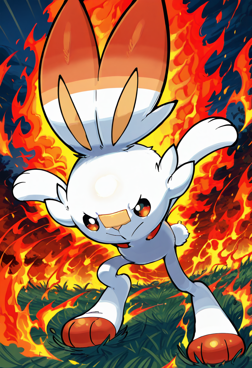 masterpiece, best quality, no humans,   zzScorbunny, red eyes, white fur, orange ears, energetic pose, fiery trail, grassy field, bright sunlight, low angle, motion blur, flame aura â Scorbunny rockets across the open plains, leaving a scorched trail of fire behind him. His red eyes shine with fierce determination, ears flaring back as he bounds forward mid-leap. The heat from his speed ripples through the air, warping the golden sunlight that lights the grassy field around him in a blur of greens and orange flames.  ,<lora:ScorbunnyPokedex_IXL:1.0>,