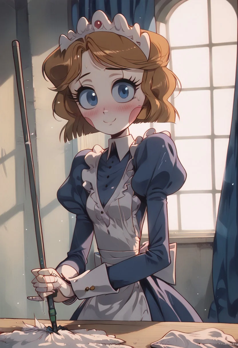 Score_9_up, score_8_up, score_7_up, BREAK 1girl, emmytr, blue eyes, solo, robot, brown hair, maid headdress, cute, standing, (((contrapposto))), dramatic hipsway, hip sway, wiping sweat off of brow with left hand, holding mop in right hand, dramatic views, (((view from below:0.6))), Dutch angle (((Dutch angle))), bedroom, blushing, shy, smile, eyes turned looking at viewer, sun rays peeking through the window, particles catching afternoon sunlight, (masterpiece:1.2), (highly detailed:1.2), (particles:1.2), (intricate:1.2), (best quality:1.2),(8k:1.2), (sharp:1.2), (majestic:1.2) <lora:Expressive_H:10.9 Expressiveh>, vintage, 1990s \(style\), Long exposure photo, <lora:OldAnimeStyle_XL_v3:0.75>