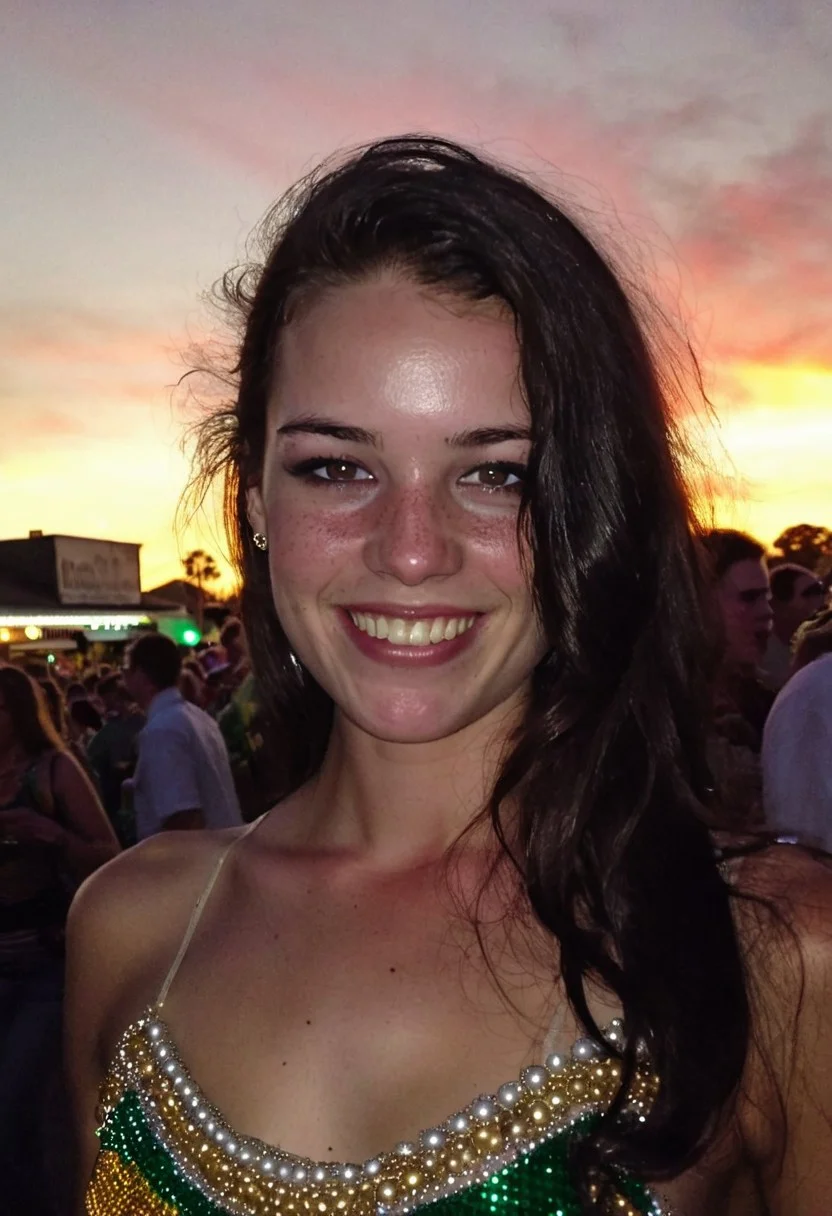 amateur cellphone photography sexy and attractive young woman with dark hair at mardi gras, sunset, (freckles:0.2), smirking . samsung galaxy , poor lighting, low light, underexposed, high contrast