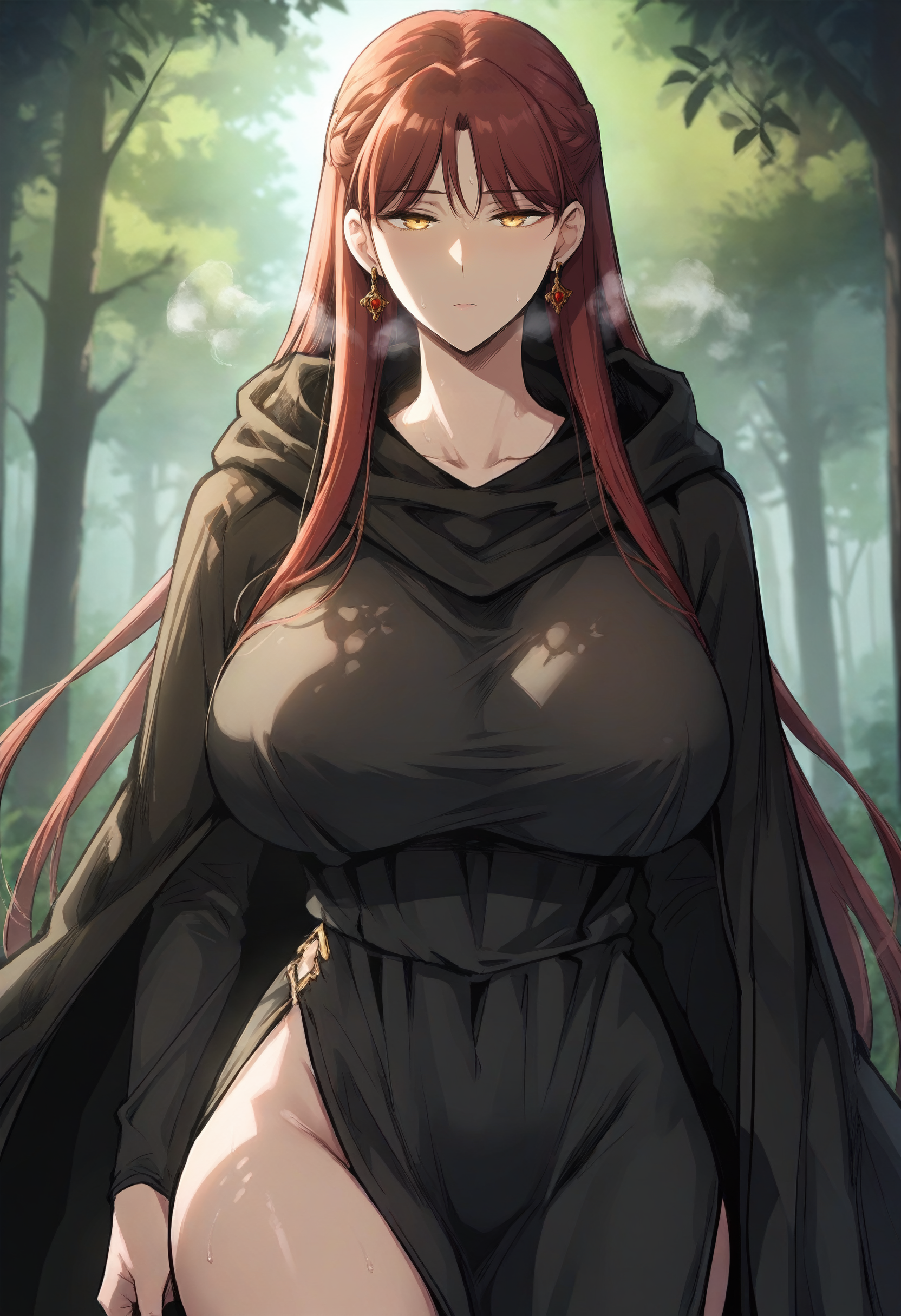 score_9, score_8_up, score_7_up, score_6_up, source_anime, rating_explicit, 1girl, solo, huge breasts, <lora:Leah Testerossa prefectPonyxl:0.9> long hair, red hair, yellow eyes, brown hair, french braid, earrings, hooded cloak, black cloak, black dress, expressionless, Narrow shoulders, heavy breathing, steaming body, forest, outdoors, looking at viewer