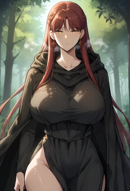score_9, score_8_up, score_7_up, score_6_up, source_anime, rating_explicit, 1girl, solo, huge breasts, <lora:Leah Testerossa prefectPonyxl:0.9> long hair, red hair, yellow eyes, brown hair, french braid, earrings, hooded cloak, black cloak, black dress, expressionless, Narrow shoulders, heavy breathing, steaming body, forest, outdoors, looking at viewer