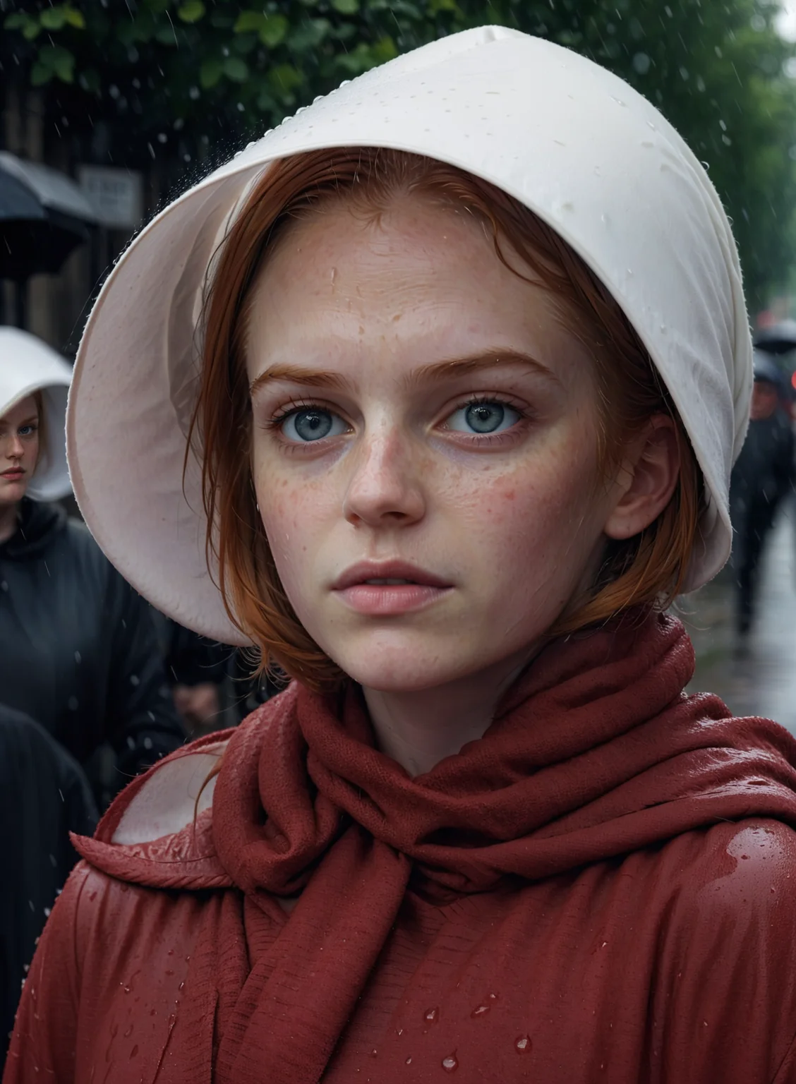 photo portrait of a beautiful young ginger girl in the rain in an old English street, focus on the face,  very wet, handmaid dressed in a (red cotton dress:1.1) and (white hat:1.1), handmaid style, <lora:handmaidtale-000008:1>  <lora:add-detail-xl:0.8>