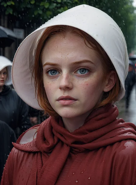 photo portrait of a beautiful young ginger girl in the rain in an old English street, focus on the face, very wet, handmaid dressed in a (red cotton dress:1.1) and (white hat:1.1), handmaid style, <lora:handmaidtale-000008:1> <lora:add-detail-xl:0.8>