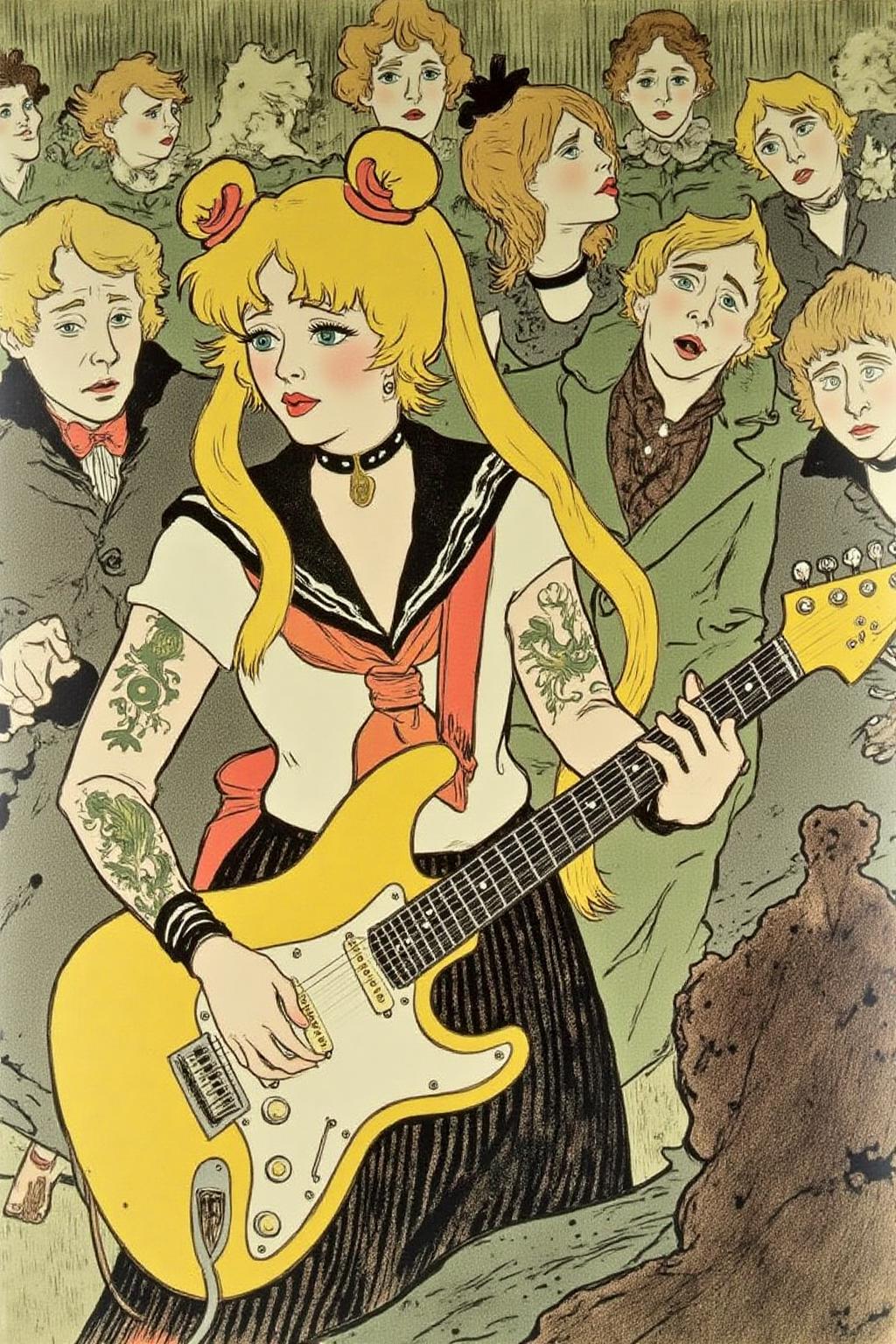 lautrec1 illustration 
rendered in a stylized, Art Nouveau style typical of the era, with a pastel color palette dominated by shades of green, yellow, and brown.
punk sailor moon playing a guitar at a heavy metal mosh pit, tattoos, pearcing.
 <lora:lautrec1_cap_d6a3e11:1.0><lora:810952665434449259:0>