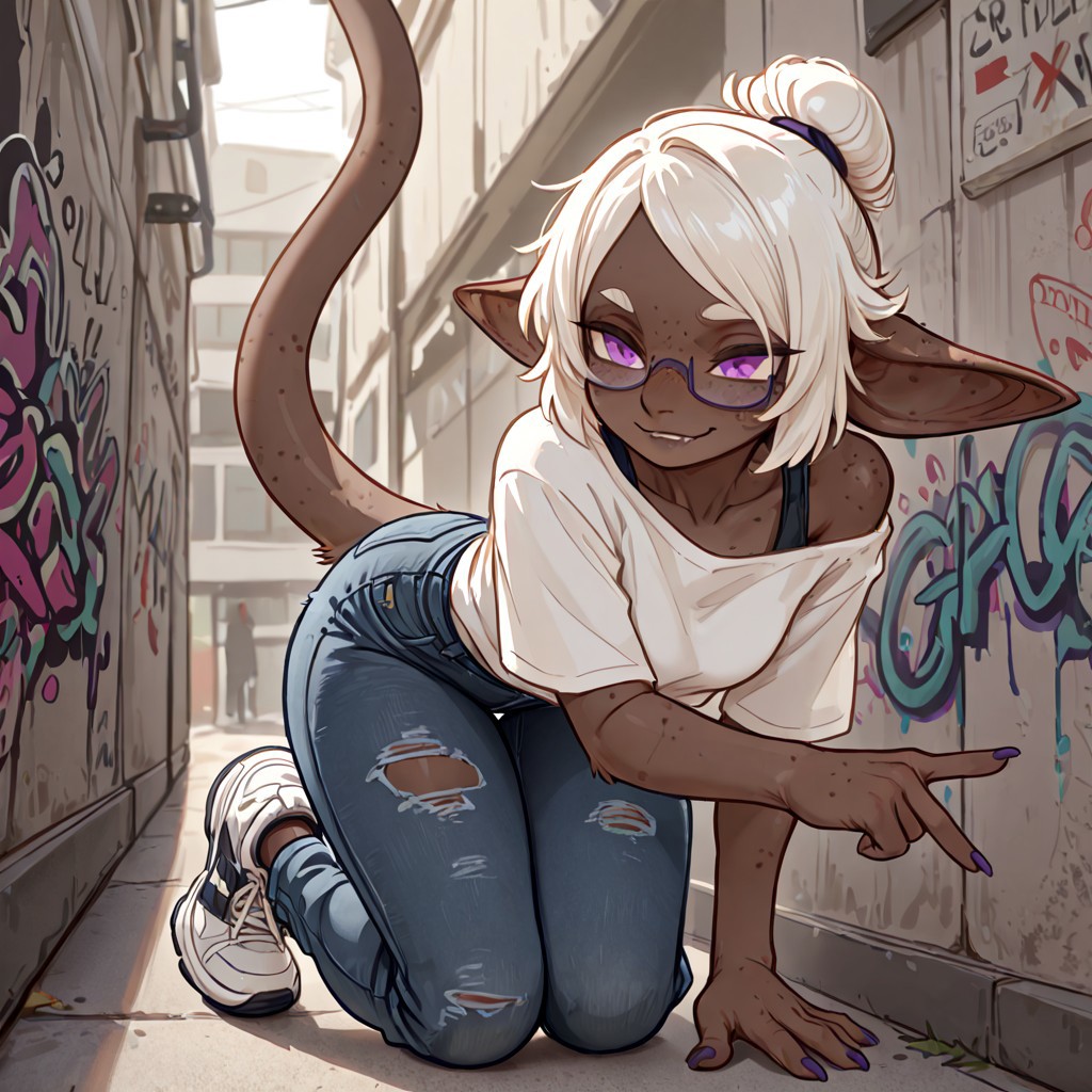 masterpiece, best quality, newest, absurdres, highres, furry, perfect anatomy, G0b1,1girl,solo,goblin girl,dark-skinned female,pointy ears,short hair,white hair,single hair bun,purple eyes,semi-rimless eyewear,freckles,colored skin,tail, white shirt, graphic t-shirt, ripped jeans, denim, sneakers, black and white shoes, standing, hand gestures, underpass, graffiti, posing, secluded, solo, solo focus, happy, smiling, biting lip, kneeling down, facing viewer, legs bent,
