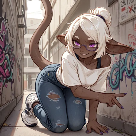 masterpiece, best quality, newest, absurdres, highres, furry, perfect anatomy, G0b1,1girl,solo,goblin girl,dark-skinned female,pointy ears,short hair,white hair,single hair bun,purple eyes,semi-rimless eyewear,freckles,colored skin,tail, white shirt, graphic t-shirt, ripped jeans, denim, sneakers, black and white shoes, standing, hand gestures, underpass, graffiti, posing, secluded, solo, solo focus, happy, smiling, biting lip, kneeling down, facing viewer, legs bent,