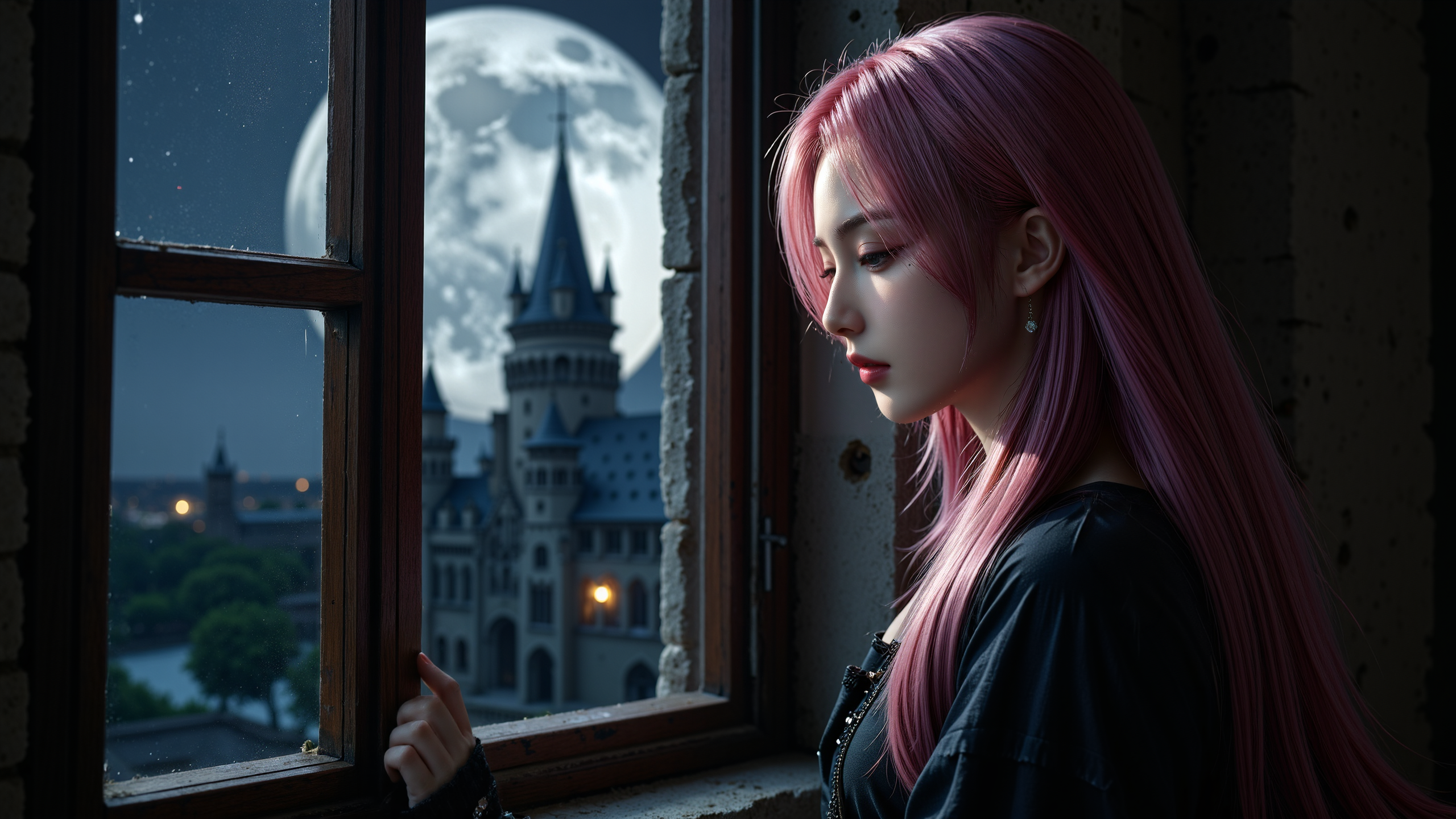 dark gothic style,close-up shot from outside the window,focusing on a long pink wavy haired woman wearing a dark,ornate gothic robe,opening the heavy wooden window,the moonlight illuminating her pale skin and dark hair,dark storm clouds swirling in the sky,a towering gothic castle looming behind her,faint light flickering from inside,heavy shadows cast on her figure.,<lora:yuukananri-base-02-flux:0.8>,yuukananri,she has a slender physique and a petite build,