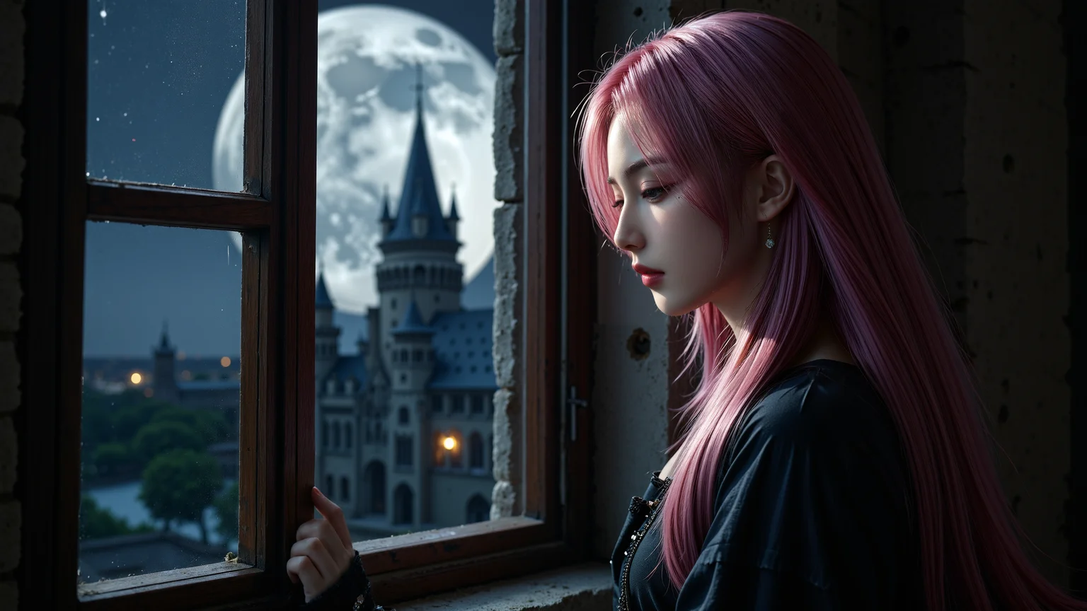 dark gothic style,close-up shot from outside the window,focusing on a long pink wavy haired woman wearing a dark,ornate gothic robe,opening the heavy wooden window,the moonlight illuminating her pale skin and dark hair,dark storm clouds swirling in the sky,a towering gothic castle looming behind her,faint light flickering from inside,heavy shadows cast on her figure.,<lora:yuukananri-base-02-flux:0.8>,yuukananri,she has a slender physique and a petite build,