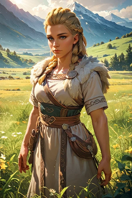 score_9, score_8_up, score_7_up, score_6_up
<lora:ACFEivor:1.0>
ACFEivor, 1girl, blonde hair, braid, long hair, looking at viewer, watching viewer, standing in a field during the golden hour, hand gently brushing through tall grass, mountains in the distance, warm sunlight casting a glow, serene and connected to nature