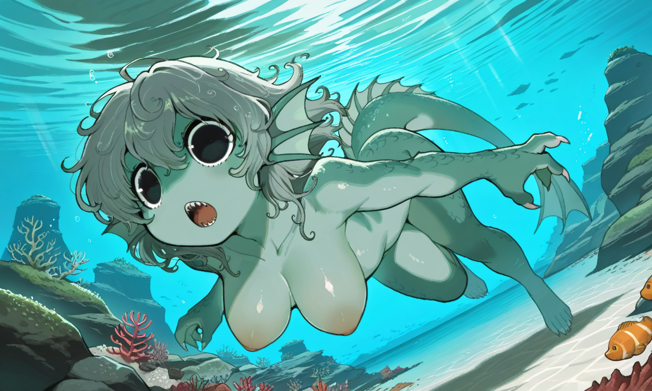 uosanjiro, black eyes, large breasts, sharp teeth, claws, solo, :o, nude, nipples, looking around, ocean, submerged, swimming, dutch angle, full body, scenery, BREAK ((ultra-detailed)), ((best quality)), ((beautiful eyes)), ((extremely detailed)), 4K, (8K), best quality, (beautiful), Master piece, highres, best quality, official art, highres, masterpiece, detailed background, high quality background