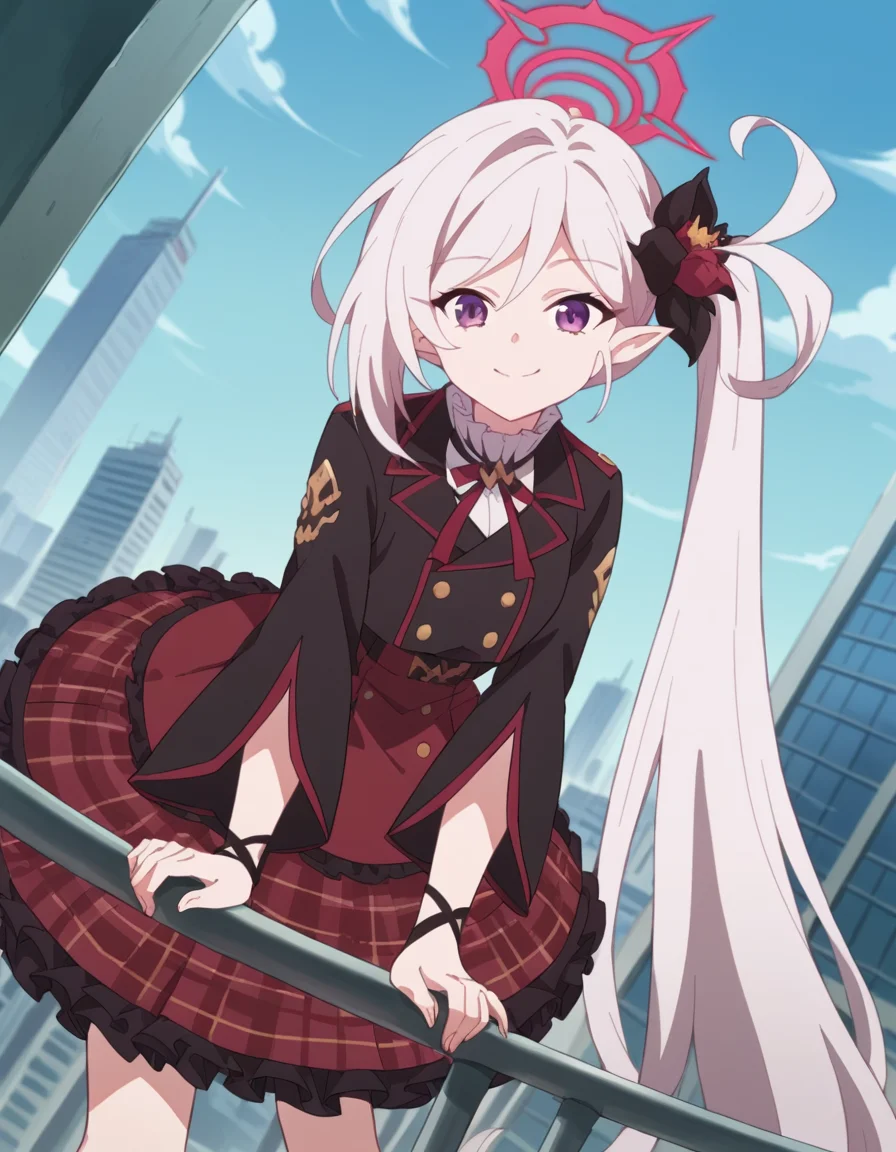 score_9, score_8_up, score_7_up, source_anime, <lora:mutsuki-asagi-s1-ponyxl-lora-nochekaiser:1>, mutsuki asagi, long hair, bangs, hair ornament, very long hair, purple eyes, flower, white hair, pointy ears, hair flower, side ponytail, halo,, skirt, frills, plaid, red skirt, halo, plaid skirt, frilled skirt,, cityscape, bent over, smile, looking at viewer, solo,, cowboy shot, dutch angle