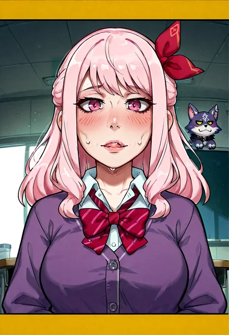 IllustriousQual, <lora:StS-Illustrious-Detail-Slider-v1.0:2> <lora:cfg_scale_boost:0.3> <lora:StS_Age_Slider_Illustrious_v1:3>,detailed_background,indoors,long sleeves,pink eyes,sleeves past wrists,pawpads,diagonal-striped bowtie,purple cardigan,shiba inu,teeth,white shirt,eyeliner,buttons,lower teeth only,sidelocks,other focus,orange eyes,shirt,bell,hair bow,bowtie,diagonal-striped bow,bow,project sekai,sharp teeth,blush,puffy long sleeves,cardigan,akiyama mizuki,red bowtie,debidebi debiru,pink hair,1other,highres,purple eyeliner,virtual youtuber,kuroi shiba,puffy sleeves,school uniform,ameshi0227