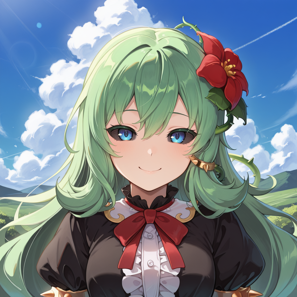 <lora:ChamIllustriousBackgroundEnhancer:0.5> <lora:illustrious_quality_modifiers_masterpieces_v1:0.8> ,  masterpiece, very aesthetic, absurdres, best quality, amazing quality, high resolution, newest, very awa, scenery, volumetric lighting, solo,  looking at viewer,  <lora:ToraIllustrious:0.8> , tordef, 1girl, solo, long hair, green hair, black sclera, blue eyes, hair flower, neck ribbon, center frills, black dress, frilled dress, gold trim, juliet sleeves, yellow armlet, spiked armlet, close-up, face, portrait, vines, exterior, blue sky, clouds, smile,