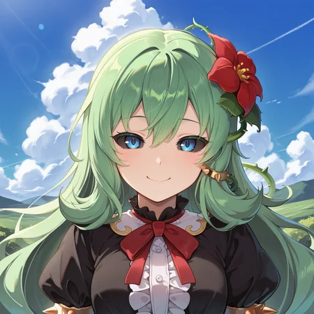 <lora:ChamIllustriousBackgroundEnhancer:0.5> <lora:illustrious_quality_modifiers_masterpieces_v1:0.8> , masterpiece, very aesthetic, absurdres, best quality, amazing quality, high resolution, newest, very awa, scenery, volumetric lighting, solo, looking at viewer, <lora:ToraIllustrious:0.8> , tordef, 1girl, solo, long hair, green hair, black sclera, blue eyes, hair flower, neck ribbon, center frills, black dress, frilled dress, gold trim, juliet sleeves, yellow armlet, spiked armlet, close-up, face, portrait, vines, exterior, blue sky, clouds, smile,